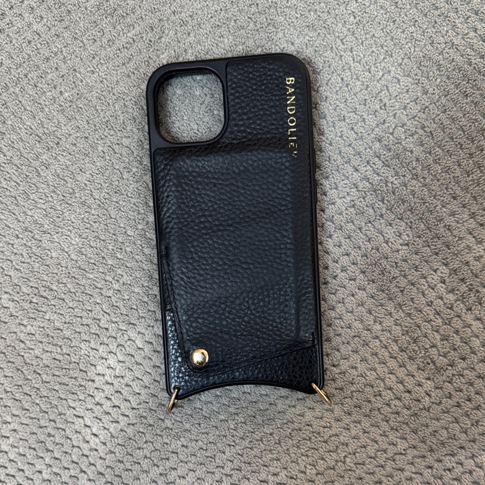 Bandolier Black Leather iPhone 13 Case with Gold Accents